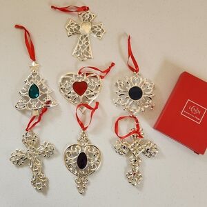Lenox Bejeweled Silverplate Christmas Tree Ornaments Lot Of 7 Gem Crystal Cross